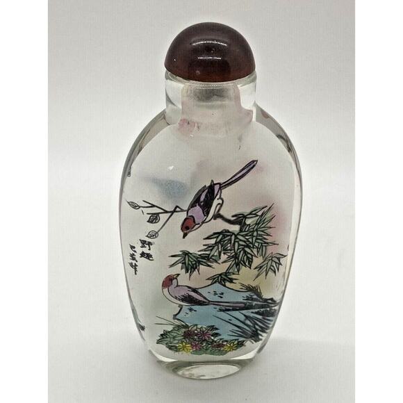 Antique Chinese Snuff Bottle Reverse Glass Painted Birds trees - Picture 1 of 12